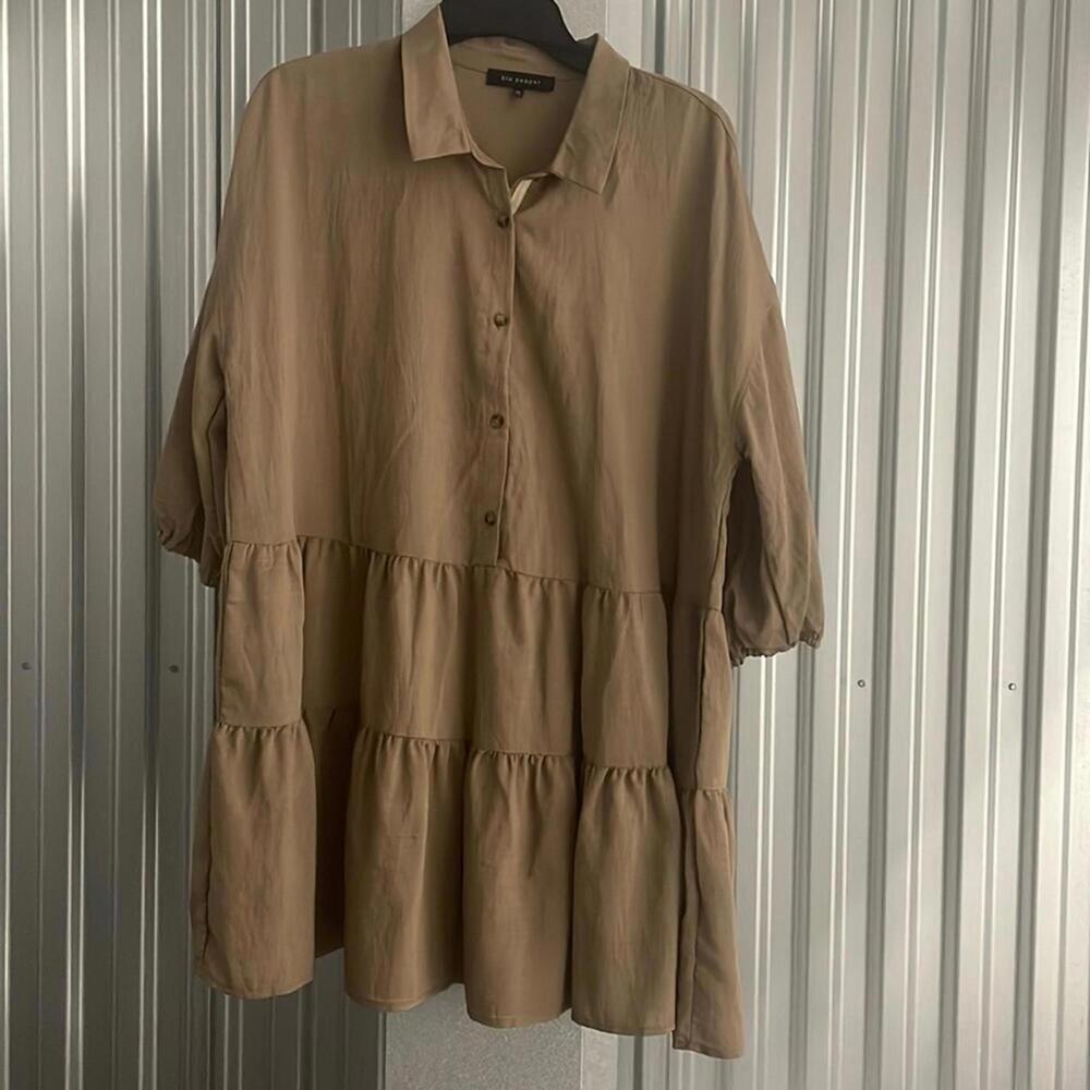 ✅Blu Pepper Tan Brown Drop Waist Causal Minimalist Sleeve work shirt dress